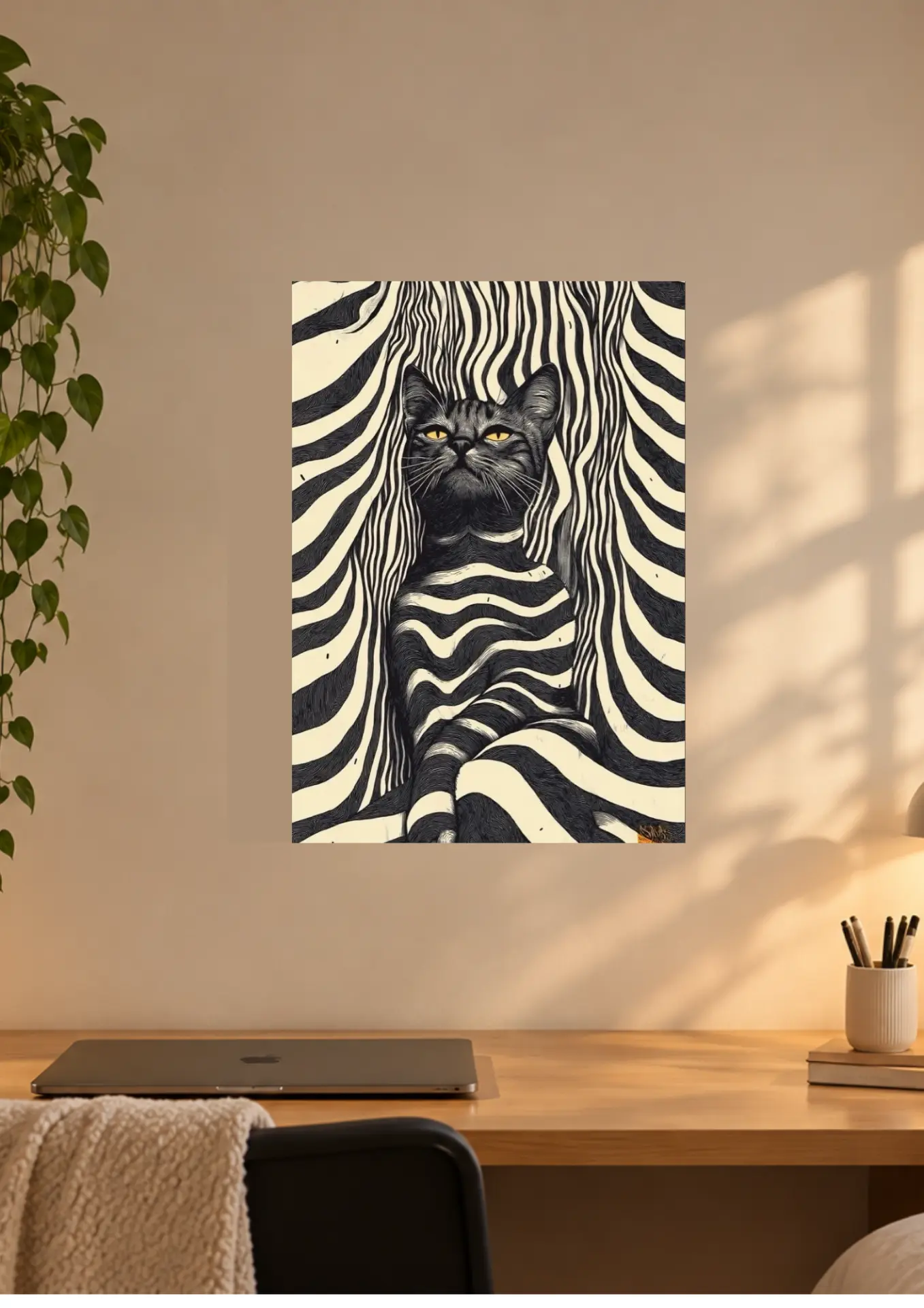 Op-Art Striped Cat on a wall