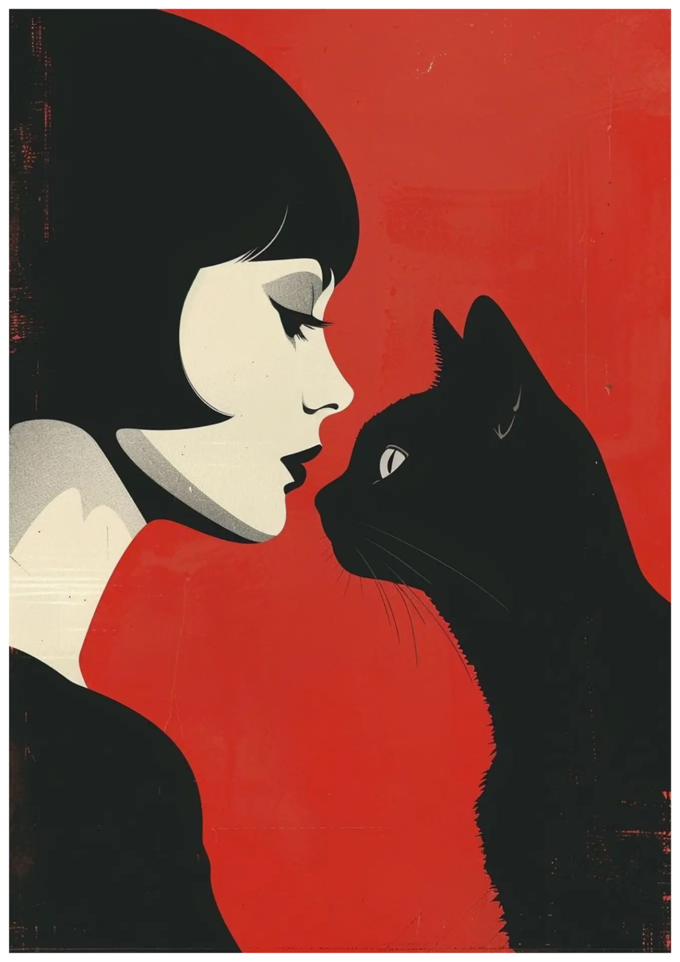 Girl & Black Cat print