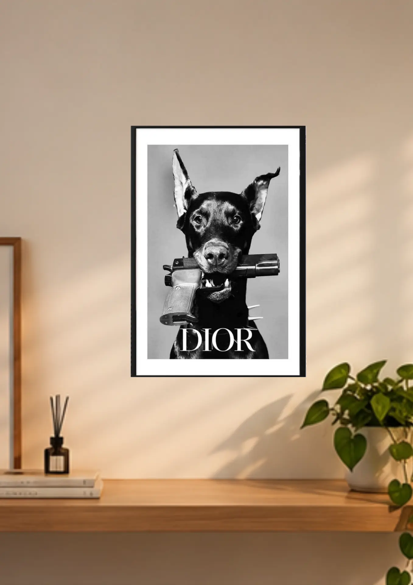 Dior Doberman on a wall