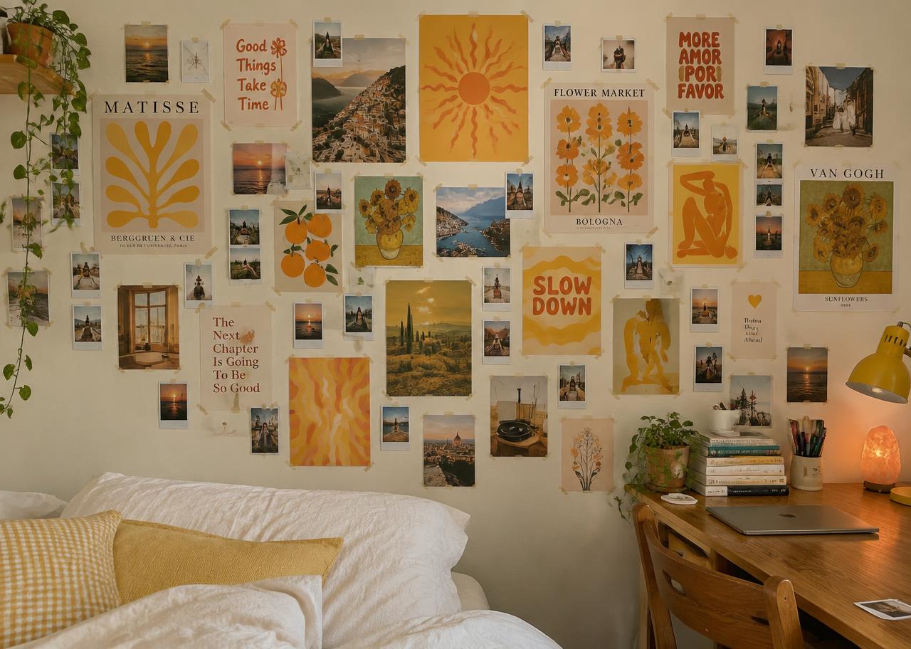 Bedroom wall covered with StickStackStock posters and polaroids